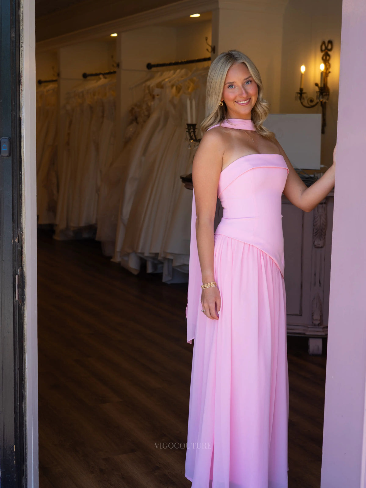 Prom Dresses 2025 to impress Light Pink Chiffon A-Line Prom Dress with Strapless Fold-Over Bodice and Neck Scarf - P26035-vigocouture-vigocouture
