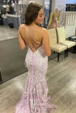 Prom Dress 2025 Lilac Lace Applique Prom Dresses with Slit Spaghetti Strap Mermaid Evening Dress 22025-unique elegant Prom Dresses-Lilac-Custom Size-vigocouture