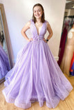 Lilac Plunging V-Neck Prom Dresses Feather A-Line Evening Dress 21713