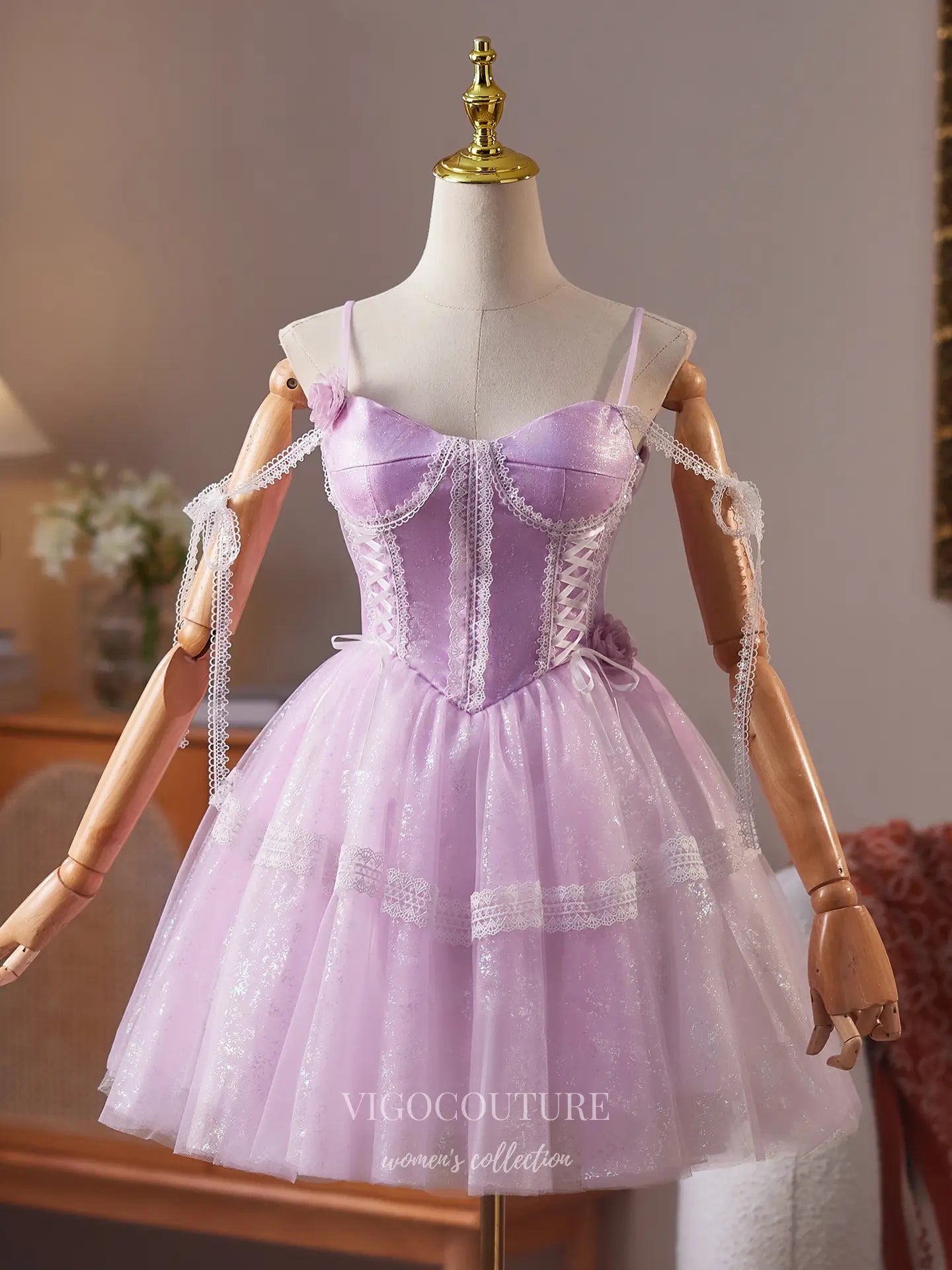Lilac Spaghetti Strap Homecoming Dress with Lace Corset Bodice & Sparkly Tulle Skirt – HC484