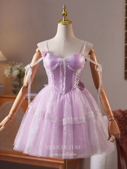 Lilac Spaghetti Strap Homecoming Dress with Lace Corset Bodice & Sparkly Tulle Skirt – HC484