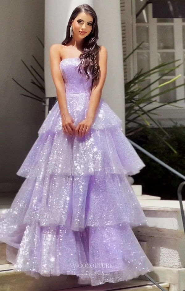 Prom Dress 2025 Lilac Sparkly Ruffled Prom Dresses Strapless Evening Dress 24004-unique elegant Prom Dresses-Lilac-Custom Size-vigocouture