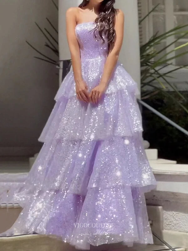 Prom Dress 2025 Lilac Sparkly Ruffled Prom Dresses Strapless Evening Dress 24004-unique elegant Prom Dresses-Lilac-Custom Size-vigocouture