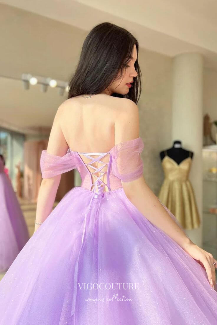 Lilac Sparkly Tulle Prom Dress with Off-The-Shoulder Design 22294 Lilac / US10 Lilac Sparkly Tulle Prom Dress with Off-The-Shoulder Design 22294 Lilac / US10