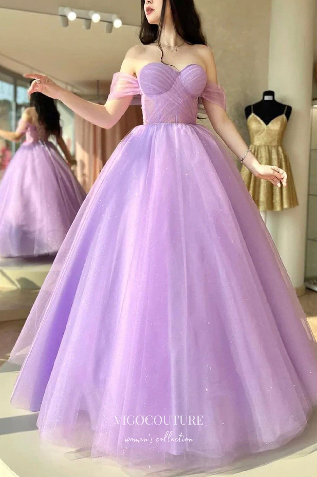 Lilac Sparkly Tulle Prom Dress with Off-The-Shoulder Design 22294 Lilac / US10 Lilac Sparkly Tulle Prom Dress with Off-The-Shoulder Design 22294 Lilac / US10