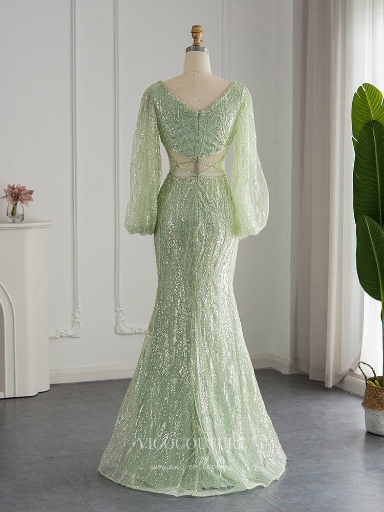 Prom Dress 2025 Long Puffed Sleeve Prom Dresses Mermaid Sequin Evening Dress 22160-unique elegant Prom Dresses-Light Green-US2-vigocouture