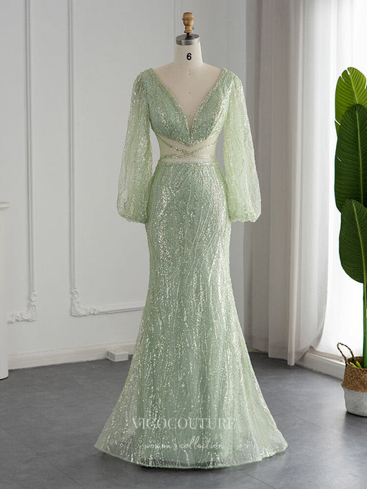 Prom Dress 2025 Long Puffed Sleeve Prom Dresses Mermaid Sequin Evening Dress 22160-unique elegant Prom Dresses-Light Green-US2-vigocouture