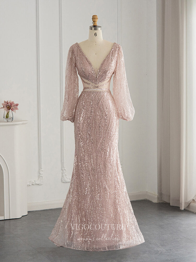 Prom Dress 2025 Long Puffed Sleeve Prom Dresses Mermaid Sequin Evening Dress 22160-unique elegant Prom Dresses-Pink-US2-vigocouture