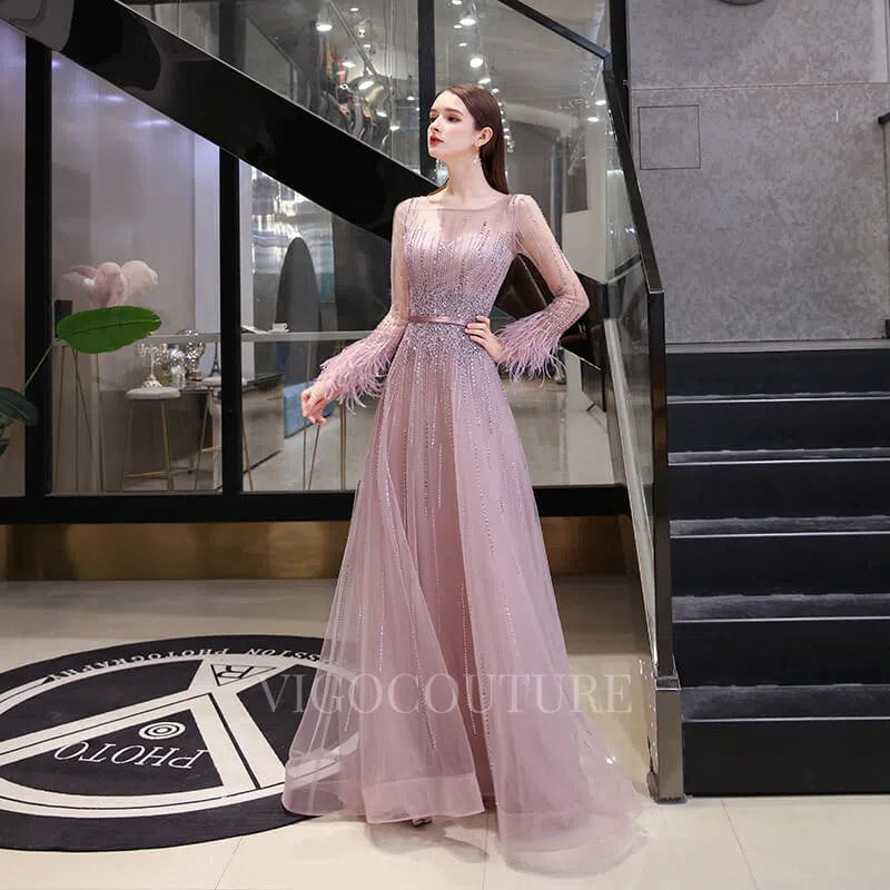 Prom Dress 2025 Long Sleeve A-line Beaded Prom Dress 20144-unique elegant Prom Dresses-Blush-US2-vigocouture