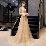 Prom Dress 2025 Long Sleeve A-line Beaded Prom Dress 20144-unique elegant Prom Dresses-Champagne-US2-vigocouture