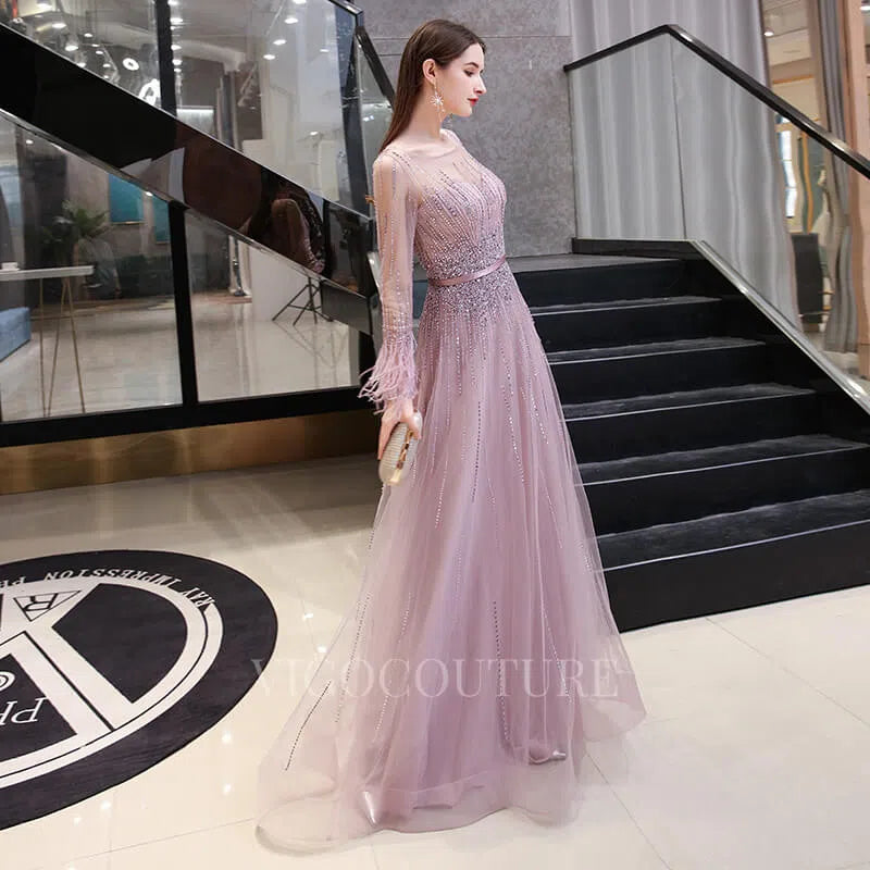 Prom Dress 2025 Long Sleeve A-line Beaded Prom Dress 20144-unique elegant Prom Dresses-Red-US2-vigocouture