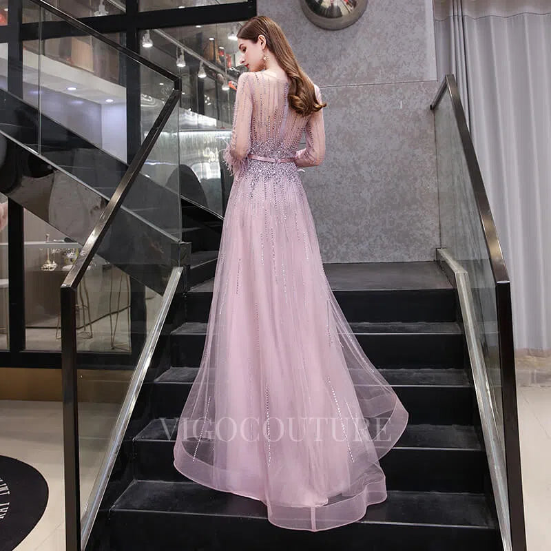 Prom Dress 2025 Long Sleeve A-line Beaded Prom Dress 20144-unique elegant Prom Dresses-Red-US2-vigocouture