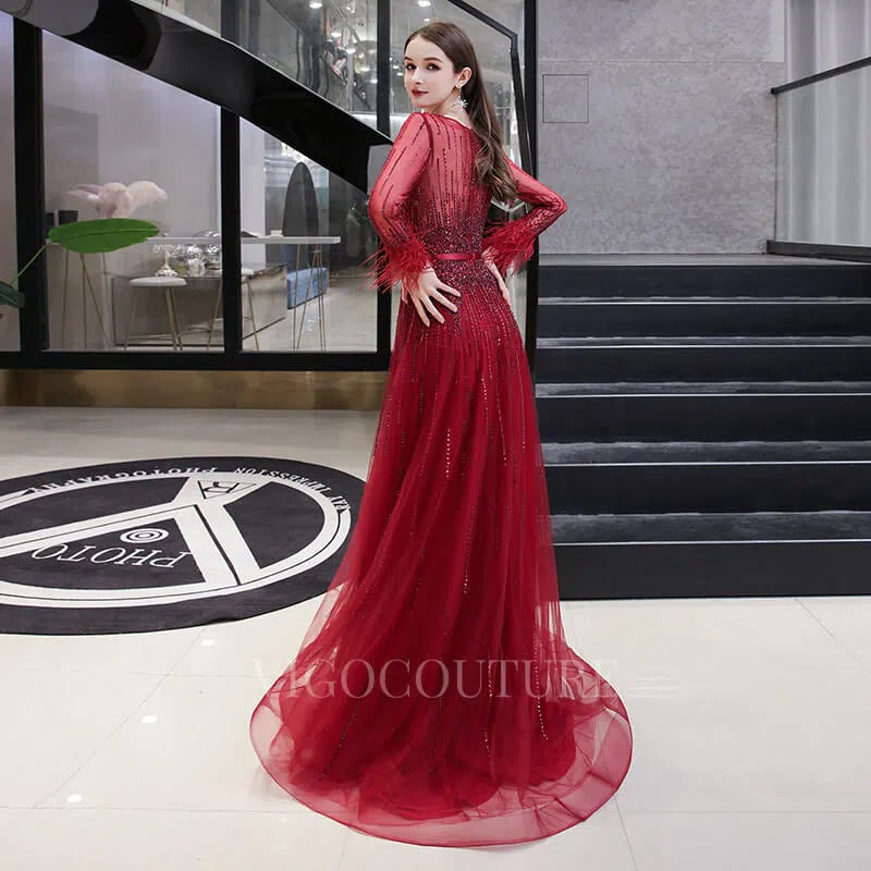 Prom Dress 2025 Long Sleeve A-line Beaded Prom Dress 20144-unique elegant Prom Dresses-Red-US2-vigocouture