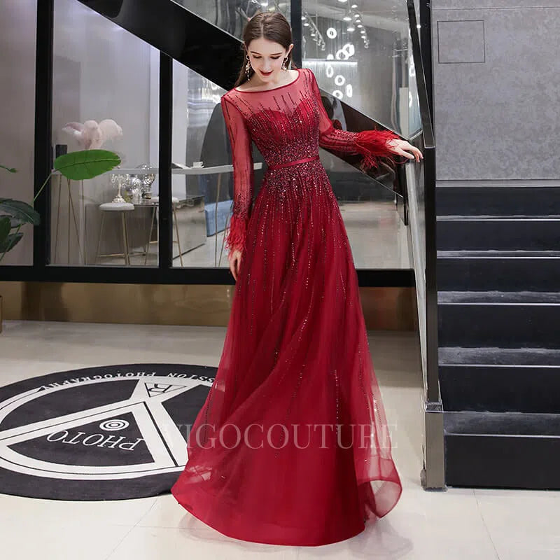 Prom Dress 2025 Long Sleeve A-line Beaded Prom Dress 20144-unique elegant Prom Dresses-Red-US2-vigocouture