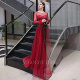 Prom Dress 2025 Long Sleeve A-line Beaded Prom Dress 20144-unique elegant Prom Dresses-Red-US2-vigocouture