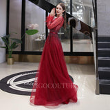 Prom Dress 2025 Long Sleeve A-line Beaded Prom Dress 20144-unique elegant Prom Dresses-Red-US2-vigocouture