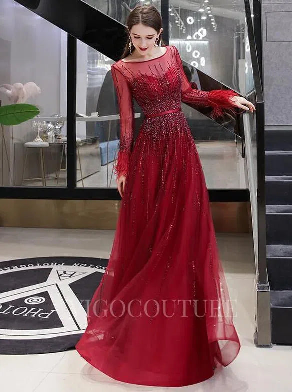 Prom Dress 2025 Long Sleeve A-line Beaded Prom Dress 20144-unique elegant Prom Dresses-Red-US2-vigocouture