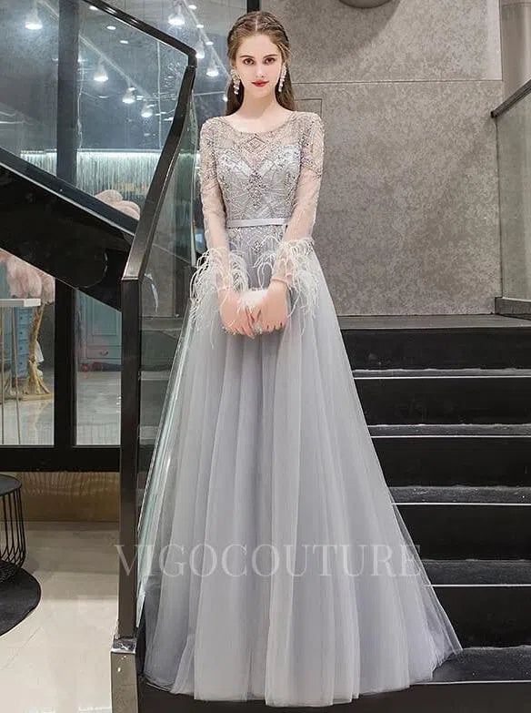 Long Sleeve A-line Prom Dresses Boatneck Beaded Evening Dresses 20091 Custom Colors / US16