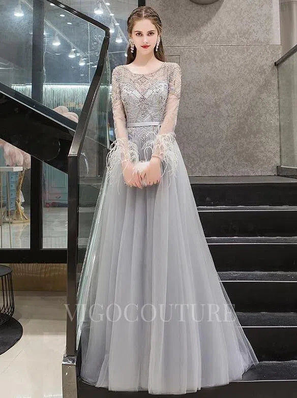 Prom Dress 2025 Long Sleeve A-line Prom Dresses Boatneck Beaded Evening Dresses 20091-unique elegant Prom Dresses-Silver-US2-vigocouture