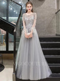 Prom Dress 2025 Long Sleeve A-line Prom Dresses Boatneck Beaded Evening Dresses 20091-unique elegant Prom Dresses-Silver-US2-vigocouture