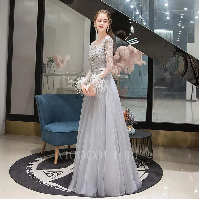 Long Sleeve A-line Prom Dresses Boatneck Beaded Evening Dresses 20091 Custom Colors / US16