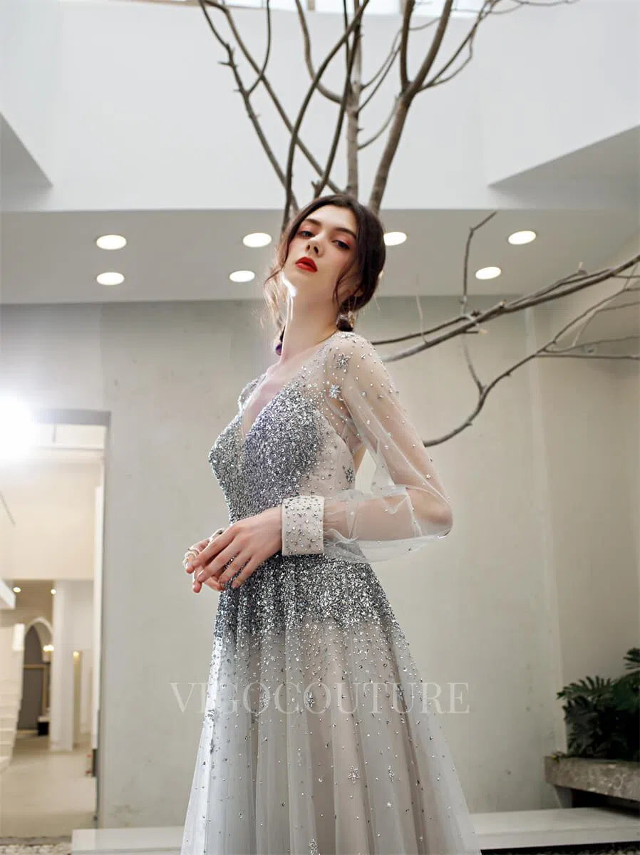 Prom Dress 2025 Long Sleeve A-line Prom Dresses Plunging V-neck Beaded Evening Dresses 20172-unique elegant Prom Dresses-Silver-US2-vigocouture