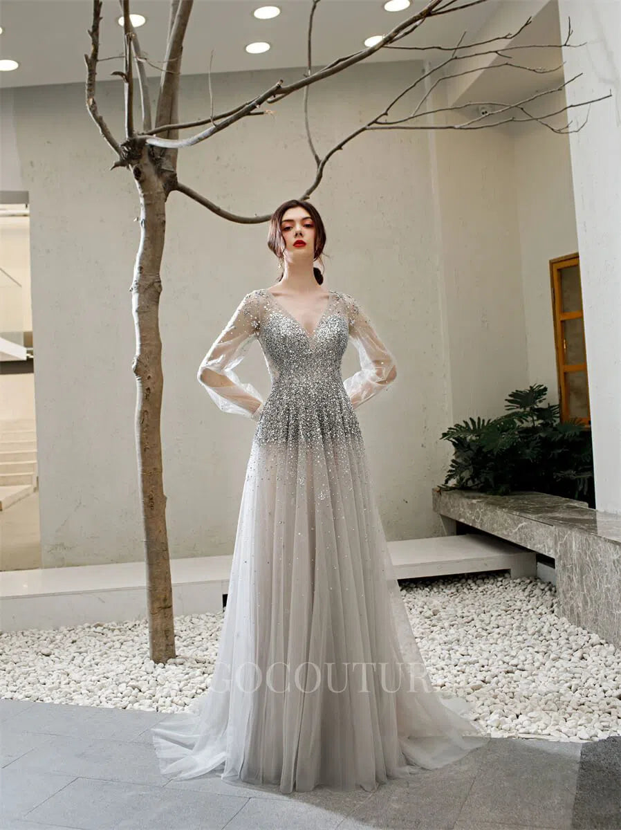 Prom Dress 2025 Long Sleeve A-line Prom Dresses Plunging V-neck Beaded Evening Dresses 20172-unique elegant Prom Dresses-Silver-US2-vigocouture