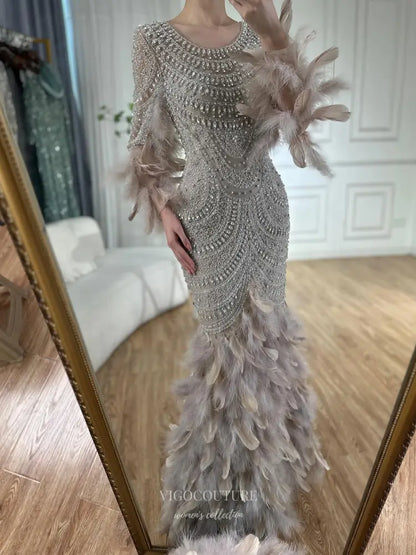 Beaded Long Sleeve Gown with Feathered Skirt and Cuffs – 25333 – vigocouture