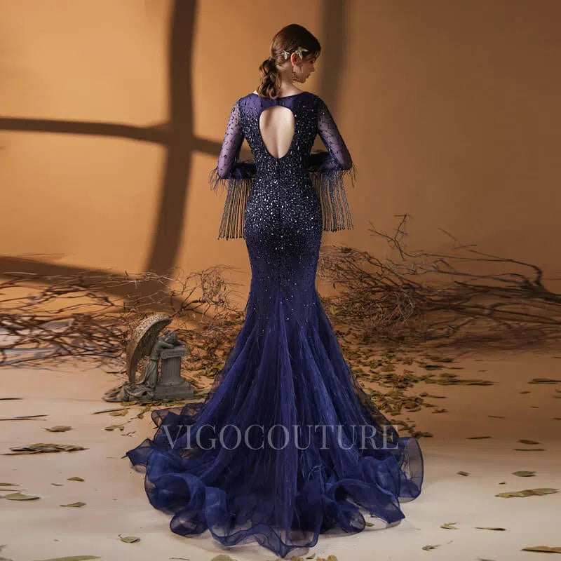 Prom Dress 2025 Long Sleeve Beaded Mermaid Prom Dress 20057-unique elegant Prom Dresses-Blue-US2-vigocouture