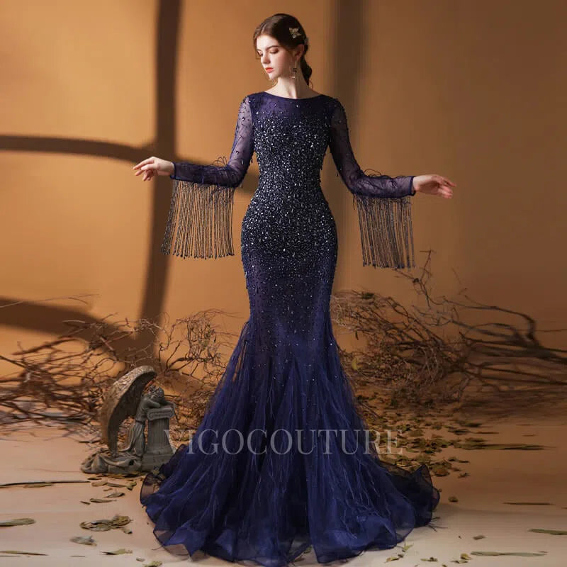 Prom Dress 2025 Long Sleeve Beaded Mermaid Prom Dress 20057-unique elegant Prom Dresses-Blue-US2-vigocouture