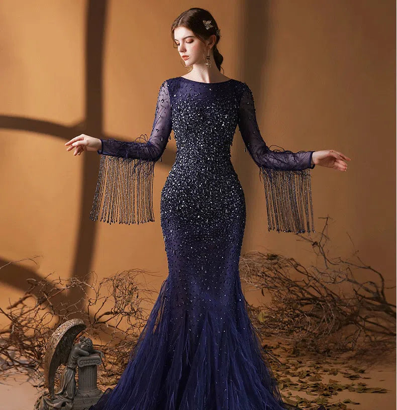 Prom Dress 2025 Long Sleeve Beaded Mermaid Prom Dress 20057-unique elegant Prom Dresses-Blue-US2-vigocouture