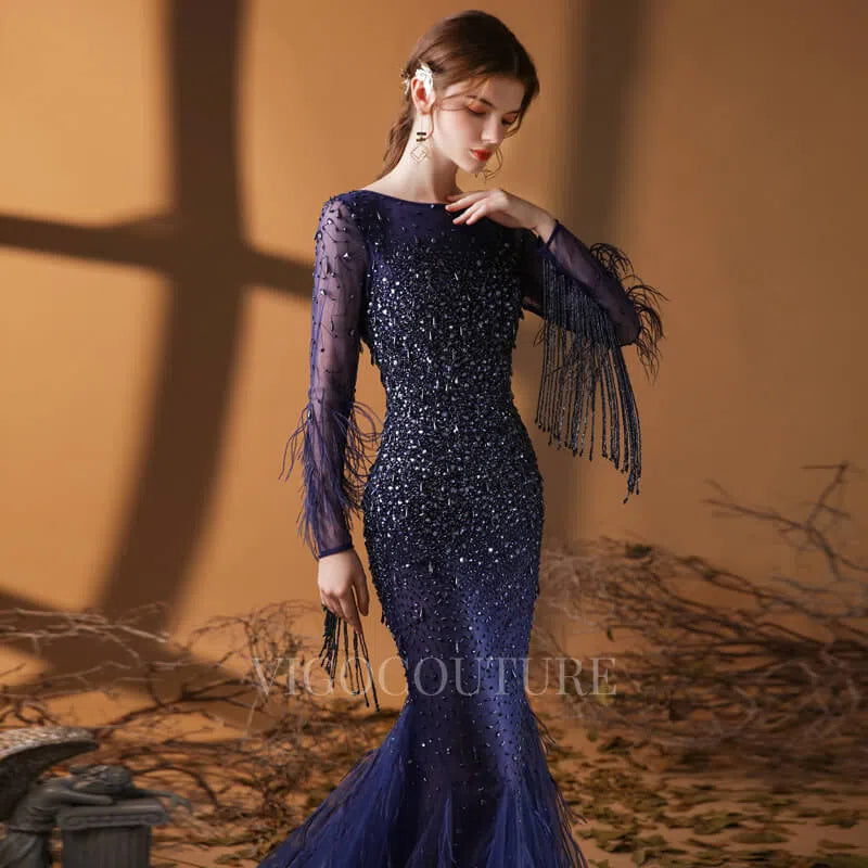 Prom Dress 2025 Long Sleeve Beaded Mermaid Prom Dress 20057-unique elegant Prom Dresses-Blue-US2-vigocouture