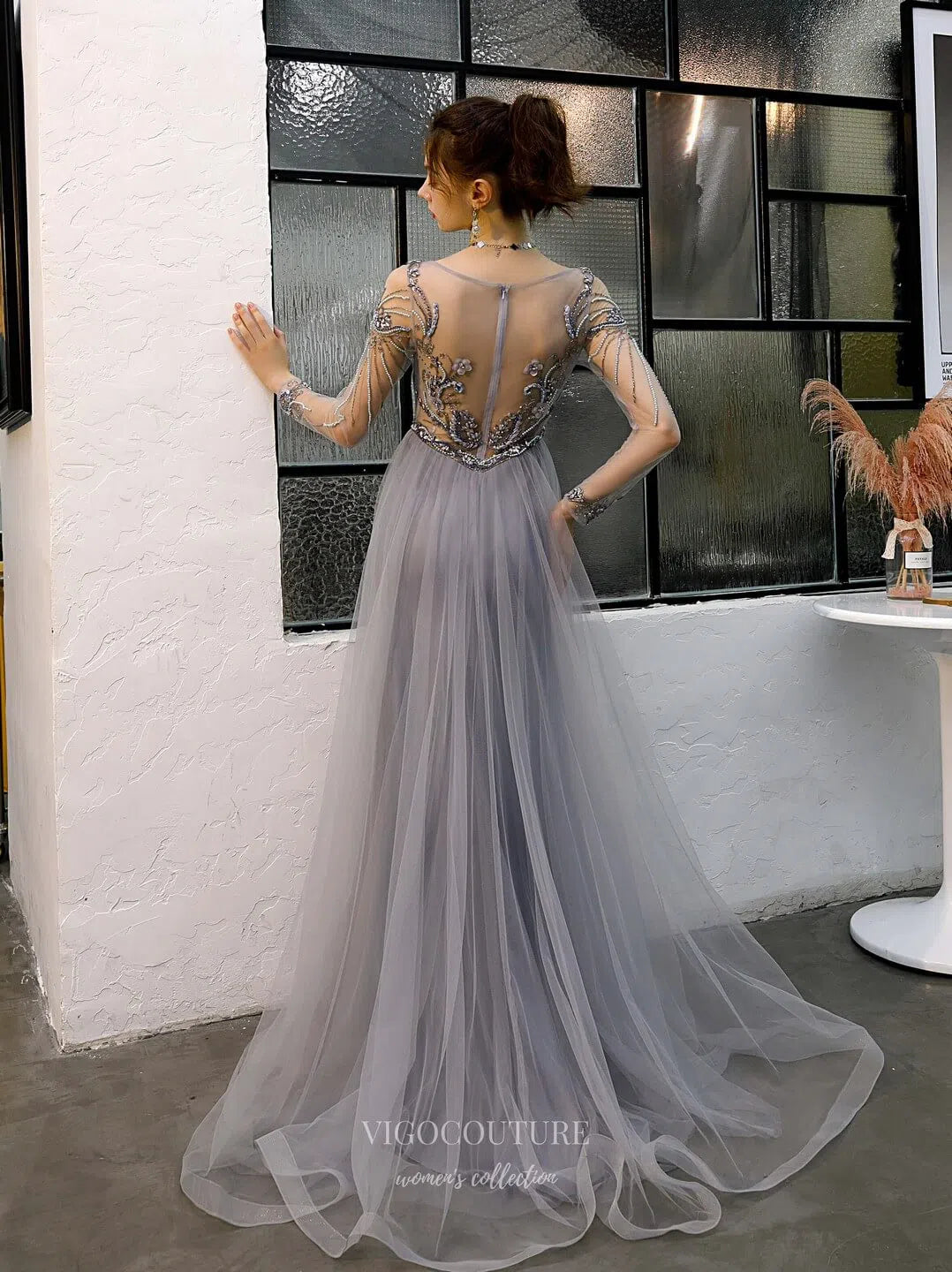 Long Sleeve Beaded Prom Dress 20214 - Grey / US4 Long Sleeve Beaded Prom Dress 20214 - Grey / US4