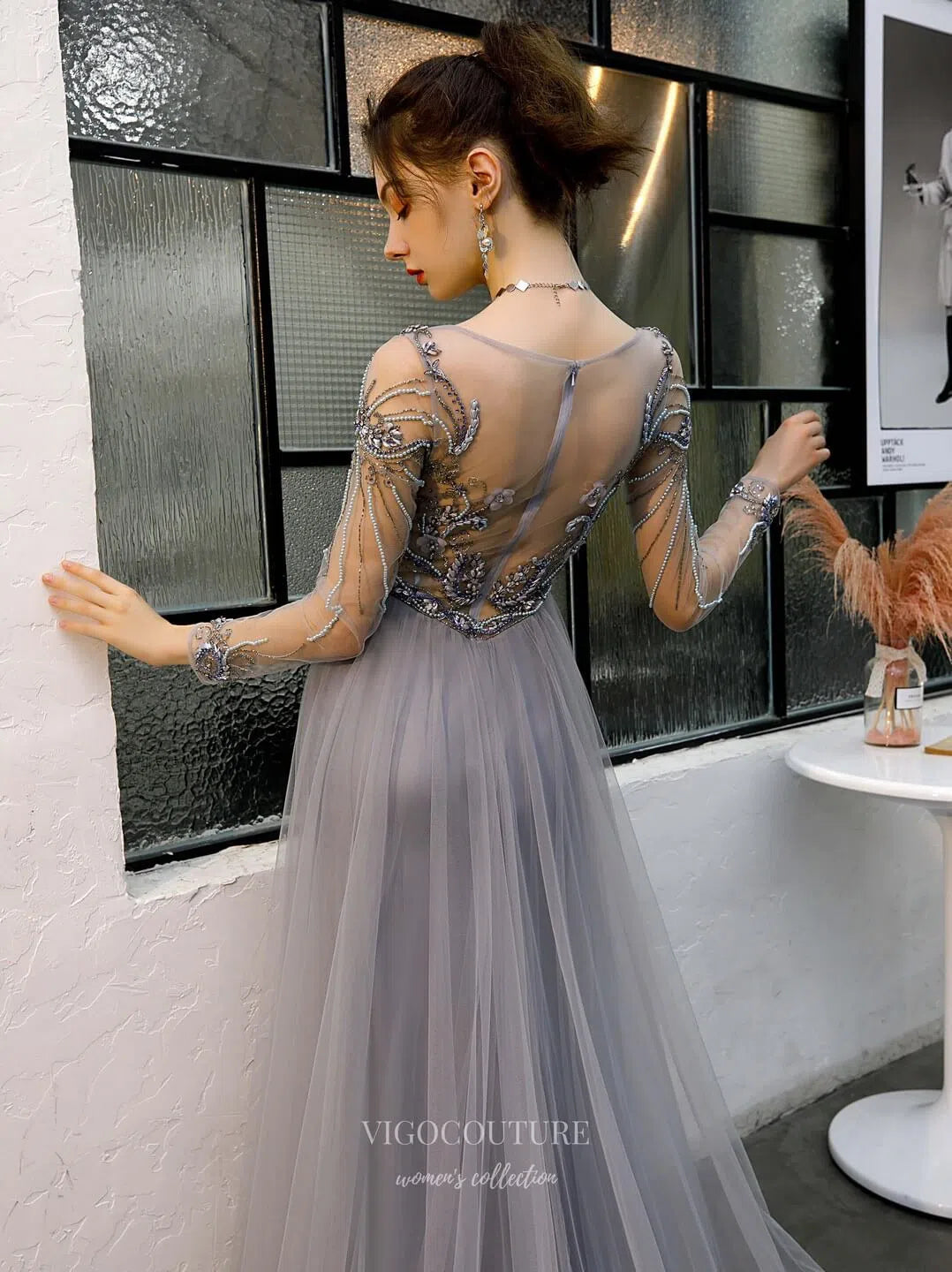 Prom Dress 2025 Long Sleeve Beaded Prom Dress 20214-unique elegant Prom Dresses-Grey-US2-vigocouture