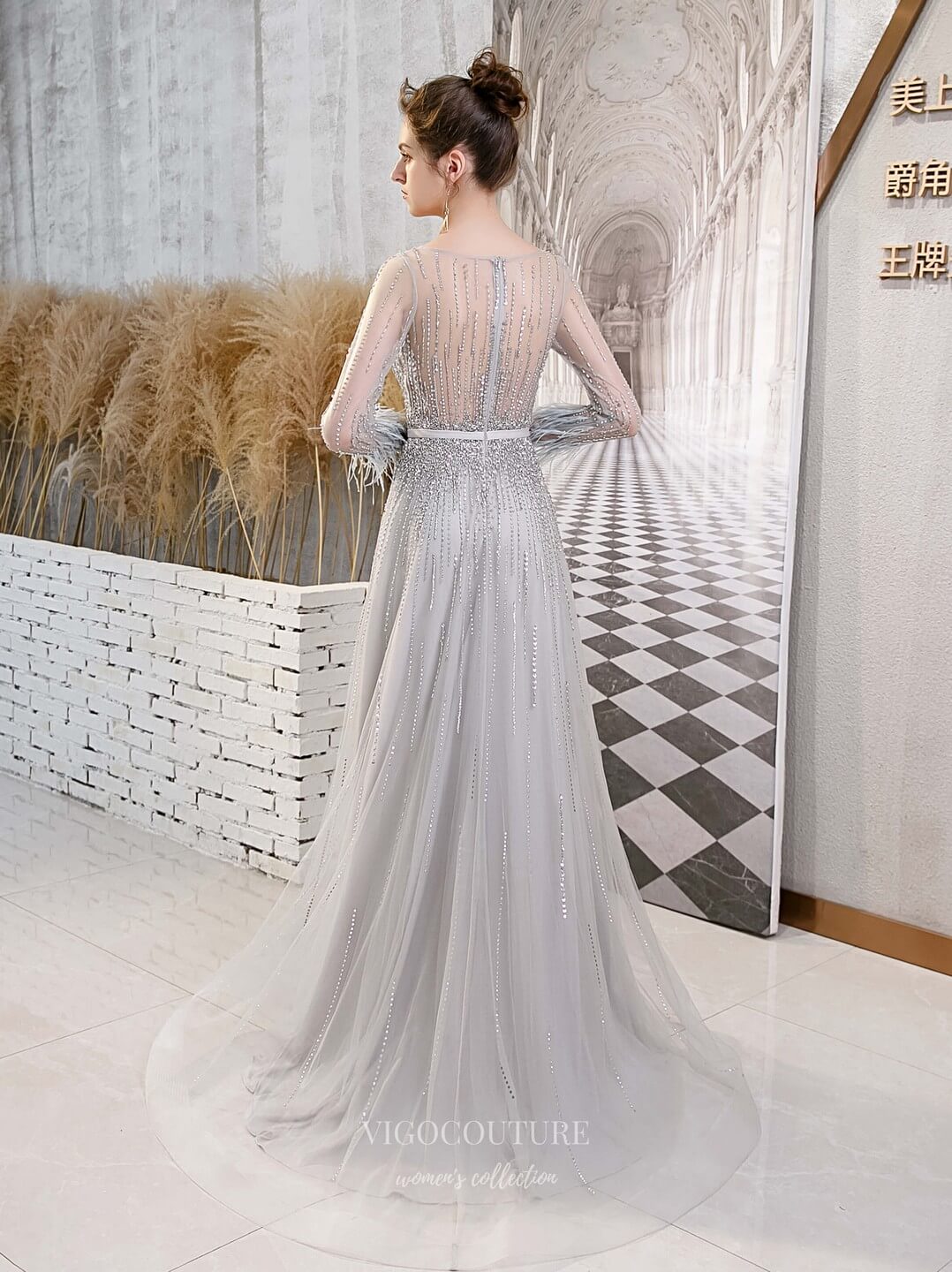 Long Sleeve Beaded Prom Dress 20217 Silver / Custom Size Long Sleeve Beaded Prom Dress 20217 Silver / Custom Size