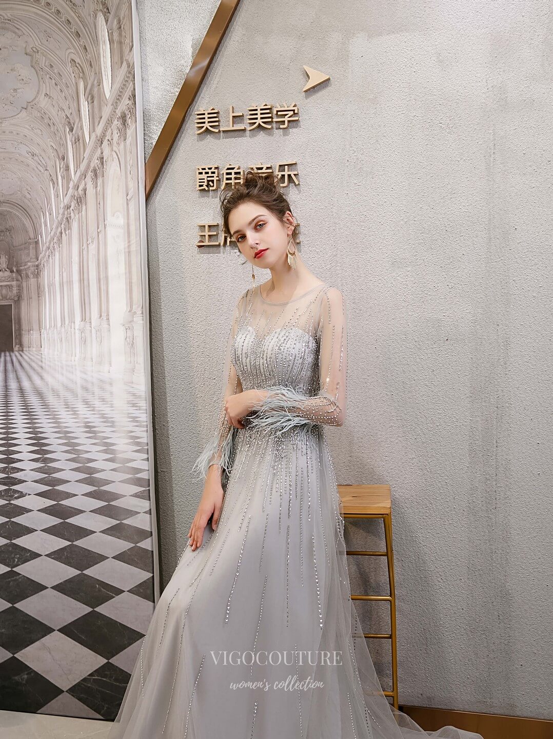 Prom Dress 2025 Long Sleeve Beaded Prom Dress 20217-unique elegant Prom Dresses-Silver-US2-vigocouture