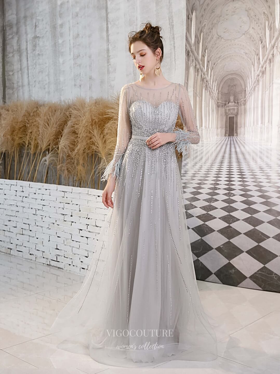 Prom Dress 2025 Long Sleeve Beaded Prom Dress 20217-unique elegant Prom Dresses-Silver-US2-vigocouture