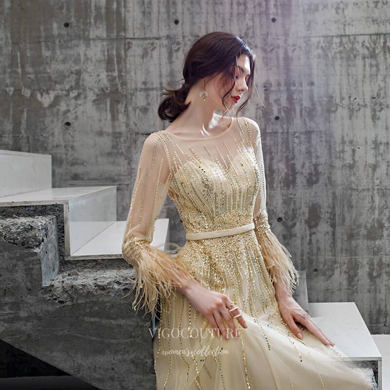 Prom Dress 2025 Long Sleeve Beaded Prom Dress 20218-unique elegant Prom Dresses-Champagne-US2-vigocouture