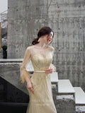 Prom Dress 2025 Long Sleeve Beaded Prom Dress 20218-unique elegant Prom Dresses-Champagne-US2-vigocouture