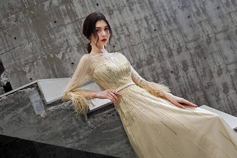 Prom Dress 2025 Long Sleeve Beaded Prom Dress 20218-unique elegant Prom Dresses-Champagne-US2-vigocouture