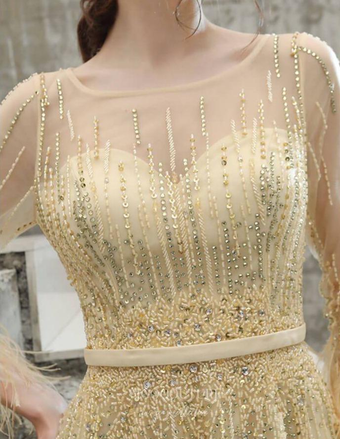 Prom Dress 2025 Long Sleeve Beaded Prom Dress 20218-unique elegant Prom Dresses-Champagne-US2-vigocouture