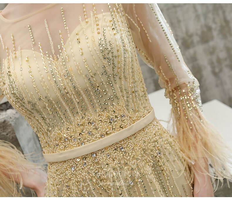 Prom Dress 2025 Long Sleeve Beaded Prom Dress 20218-unique elegant Prom Dresses-Champagne-US2-vigocouture