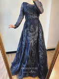 Prom Dress 2025 Long Sleeve Formal Dresses Beaded Evening Dresses 21530-unique elegant Prom Dresses-Blue-US2-vigocouture