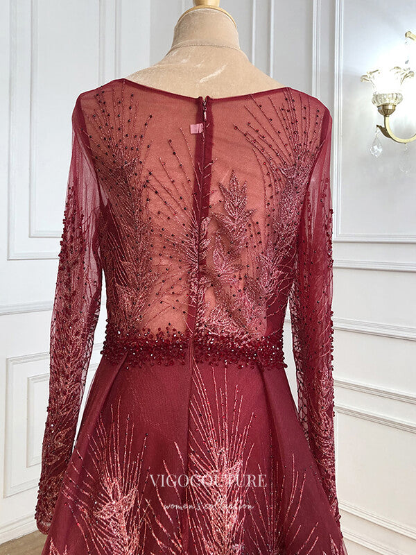 Prom Dress 2025 Long Sleeve Formal Dresses Beaded Evening Dresses 21530-unique elegant Prom Dresses-Burgundy-US2-vigocouture