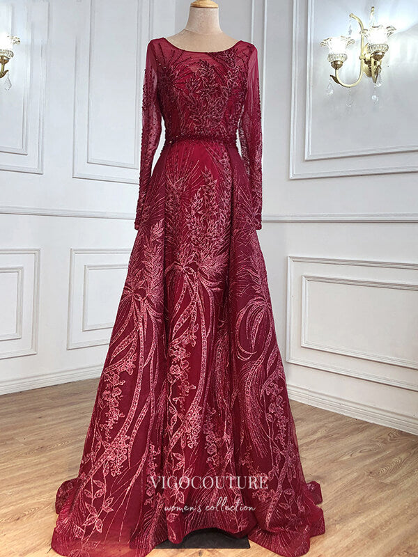 Prom Dress 2025 Long Sleeve Formal Dresses Beaded Evening Dresses 21530-unique elegant Prom Dresses-Burgundy-US2-vigocouture