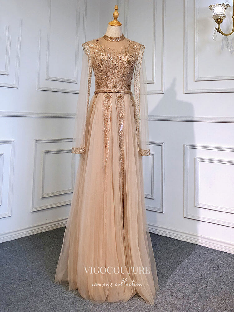 Prom Dress 2025 Long Sleeve Formal Dresses Beaded High Neck Evening Dresses 21526-unique elegant Prom Dresses-Champagne-US2-vigocouture