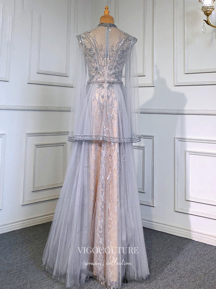 Prom Dress 2025 Long Sleeve Formal Dresses Beaded High Neck Evening Dresses 21526-unique elegant Prom Dresses-Silver-US2-vigocouture