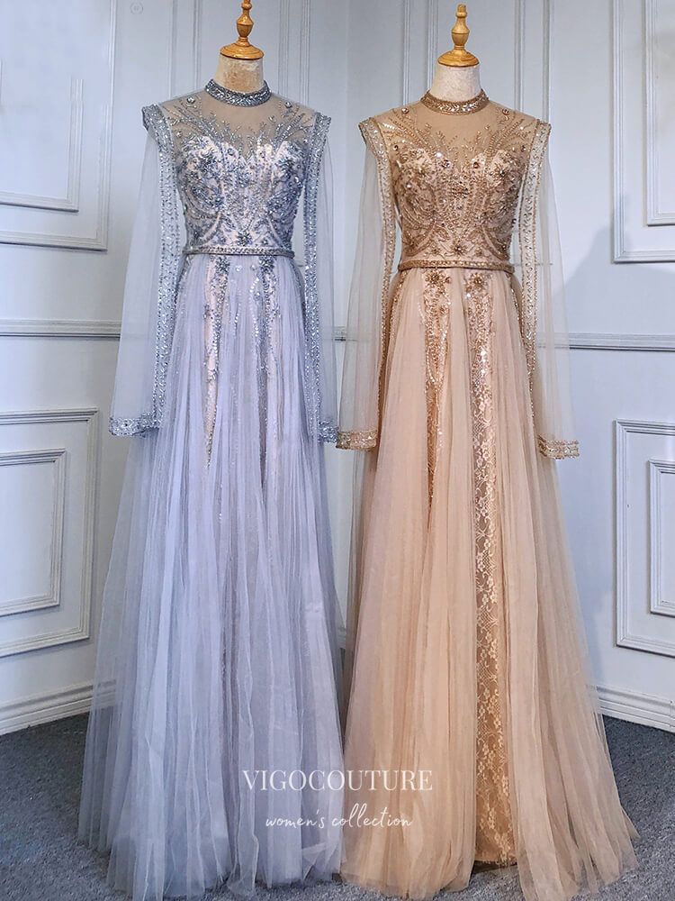 Prom Dress 2025 Long Sleeve Formal Dresses Beaded High Neck Evening Dresses 21526-unique elegant Prom Dresses-Silver-US2-vigocouture