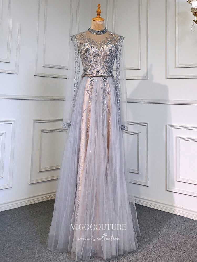 Prom Dress 2025 Long Sleeve Formal Dresses Beaded High Neck Evening Dresses 21526-unique elegant Prom Dresses-Silver-US2-vigocouture