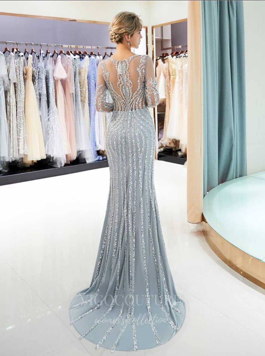 Prom Dress 2025 Long Sleeve Mermaid Beaded Prom Dress 20273-unique elegant Prom Dresses-Grey-US2-vigocouture